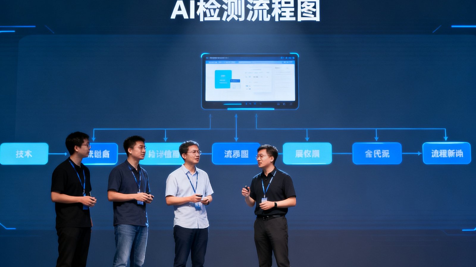 守护者反作弊系统3.0版本升级发布现场，技术团队在发布会展示新功能，大屏幕显示AI检测流程图