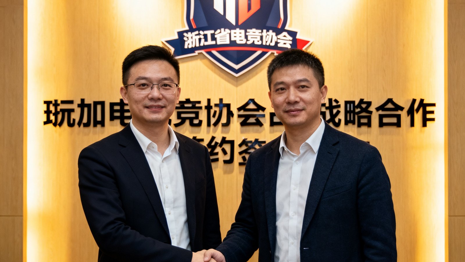 玩加电竞与浙江省电竞协会战略合作签约仪式现场，双方代表握手合影，背景有协会标志