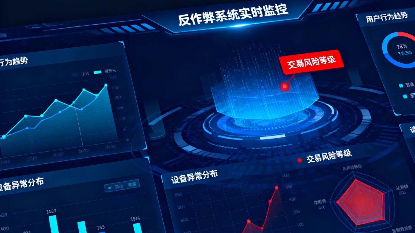 反作弊系统实时监控界面，展示多维度数据分析图表与异常行为标记，科技感十足的数据可视化大屏