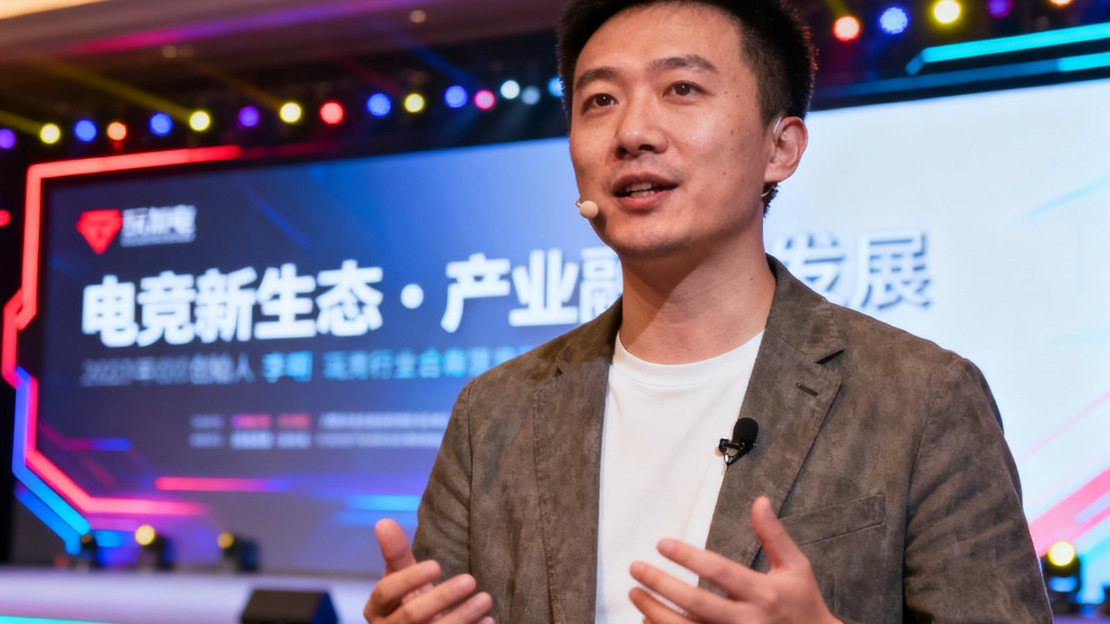 玩加电竞创始人李明在电竞行业峰会上发表演讲，身着休闲西装，背景是峰会主舞台和大屏幕